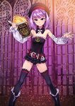  belt black_legwear black_panties book detached_sleeves dress fate/grand_order fate_(series) flat_chest gold_trim helena_blavatsky_(fate/grand_order) holding holding_book long_hair magic matsuryuu official_art panties purple_eyes purple_hair smile solo strapless strapless_dress thighhighs tree_of_life underwear white_sleeves 