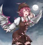  :o blush bow bowtie breasts brown_dress brown_hat brown_legwear closed_eyes cloud collarbone cowboy_shot dress earrings fingernails frilled_dress frilled_sleeves frills full_moon green_nails grey_wings hat head_wings highres jewelry long_fingernails long_sleeves medium_breasts moon moonlight music mystia_lorelei nail_polish night night_sky open_mouth pan-ooh pink_bow pink_neckwear puffy_long_sleeves puffy_sleeves red_hair short_dress short_hair singing sky solo star_(sky) starry_sky thighhighs touhou very_long_fingernails wings zettai_ryouiki 