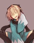  blonde_hair bow closed_eyes elbow_gloves fate_(series) gloves hair_bow hand_behind_head haori hollomaru indian_style japanese_clothes kimono koha-ace obi okita_souji_(fate) okita_souji_(fate)_(all) sash scarf short_hair short_kimono sitting solo type-moon 