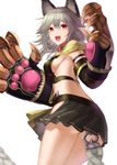  :3 :d animal_ears arm_belt ass back bangs belt black_skirt blurry blush braid breasts claw_(weapon) collar cowboy_shot depth_of_field erune eyebrows eyebrows_visible_through_hair fang from_behind from_below fur_trim gloves granblue_fantasy grey_hair highres long_hair looking_back medium_breasts miniskirt mizya open_mouth paw_print pleated_skirt red_eyes sen_(granblue_fantasy) sideboob silver_hair simple_background single_braid skirt smile solo weapon white_background 