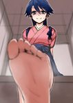  bad_id bad_twitter_id barefoot blue_eyes blue_hair blurry blush commentary_request depth_of_field feet foreshortening hakama houshou_(kantai_collection) japanese_clothes kantai_collection kimono long_hair looking_at_viewer nose_blush pov_feet sitting smell smile soles solo sweat takemori_shintarou tasuki toes 