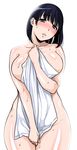  bad_id bad_pixiv_id black_hair blue_eyes breasts covering highres huge_breasts looking_at_viewer mole mole_under_eye momozukuku nude_cover original parted_lips short_hair simple_background solo towel wet white_background 