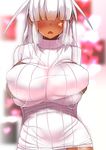  blush breast_squeeze breasts dark_skin facial_mark heavy_breathing highres large_breasts open_mouth original ribbed_sweater silver_hair solo souma_(ordures) sweater tan tsuwabuki_(souma_(ordures)) turtleneck upper_body 