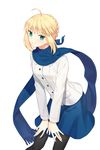  absurdres ahoge artoria_pendragon_(all) black_legwear blonde_hair blue_scarf blue_skirt braid eyebrows eyebrows_visible_through_hair fate/stay_night fate_(series) green_eyes highres jacket looking_at_viewer saber scarf skirt smile solo standing white_jacket yaho_(yaho0211) 