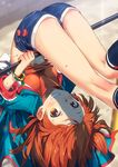  bad_id bad_pixiv_id bare_shoulders blush breasts denim denim_shorts grin heart highres horizontal_bar idolmaster idolmaster_million_live! jacket kneepits legs looking_at_viewer midriff narumi_arata oogami_tamaki open_clothes open_jacket orange_hair orange_shirt shirt short_shorts shorts small_breasts smile solo sweat thighs upside-down yellow_eyes 