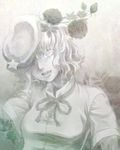  beret chinese_clothes curly_hair flower greyscale hat hat_over_one_eye jiangshi mago_(gengennikoniko) miyako_yoshika monochrome ofuda pale_color parted_lips ribbon rose short_hair short_sleeves slit_pupils solo star teeth touhou upper_body 