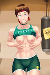  abs alternate_costume bike_shorts blue_eyes breasts brown_hair crop_top grillo_fernandez headband looking_at_viewer nipples rebecca_chambers resident_evil resident_evil_0 shirt_lift small_breasts smile solo toned wide_hips 