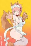  :o animal_ears apron arm_garter bell bell_collar blush breasts chromatic_aberration cleavage collar fang fate/grand_order fate_(series) fox_tail gloves headdress large_breasts long_hair looking_at_viewer md5_mismatch naked_apron open_mouth paw_gloves paw_print paw_shoes paws pink_hair shoes simple_background solo tail tamamo_(fate)_(all) tamamo_cat_(fate) thighhighs utu_(ldnsft) yellow_eyes 