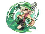  1girl bike_shorts bomb bucket_hat e-liter_3k_(splatoon) earrings hat holding holding_weapon hotaru_(splatoon) ink jacket jewelry letterman_jacket looking_at_viewer paint pointy_ears solo splat_bomb_(splatoon) splatoon_(series) splatoon_1 tentacle_hair weapon wong_ying_chee yellow_eyes 