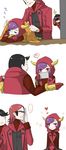  1girl 2boys 3koma absurdres black_hair blush camera comic fake_horns glasses gloves heart highres homura_(pokemon) hood horned_headwear kagari_(pokemon) kuzunue matsubusa_(pokemon) multiple_boys photo_(object) pokemon pokemon_(game) pokemon_oras purple_eyes purple_hair red_hair ribbed_sweater short_hair silent_comic sleeping sweater team_magma uniform zzz 