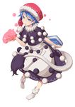  apron black_capelet blob blue_eyes blue_hair book capelet doremy_sweet dream_soul full_body hat looking_at_viewer nightcap parted_lips pom_pom_(clothes) short_hair short_sleeves socks solo tail tamahana tapir_tail touhou waist_apron white_background white_legwear 