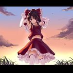  armpits arms_behind_head arms_up ascot bad_id bad_twitter_id black_hair bow brown_hair cloud commentary_request cowboy_shot detached_sleeves grass hair_bow hair_tubes hakurei_reimu letterboxed long_sleeves looking_at_viewer midriff navel pose red_eyes ribbon-trimmed_sleeves ribbon_trim shirt skirt skirt_set sky smile solo sunset takemori_shintarou thighhighs touhou upskirt white_legwear wide_sleeves 