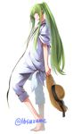  barefoot enkidu_(fate/strange_fake) fate/strange_fake fate_(series) green_eyes green_hair hat hat_removed headwear_removed holding holding_hat long_hair looking_at_viewer male_focus pants pants_rolled_up ponytail robe solo somemiya_suzume sun_hat 
