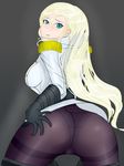  1girl artist_request ass blonde_hair blue_eyes blush breasts embarrassed from_behind gloves hand_on_ass large_breasts long_hair looking_at_viewer magic:_the_gathering open_mouth panties panties_under_pantyhose pants_down pantyhose shiny shiny_hair solo thalia_guardian_of_thraben 