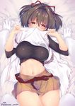  1girl admiral_(kantai_collection) blush breasts brown_eyes brown_hair covering_mouth cowboy_shot gloves hair_ribbon highres ise_(kantai_collection) kantai_collection large_breasts long_sleeves looking_at_viewer md5_mismatch midriff navel obiwan out_of_frame pov pov_hands ribbon shirt_lift skirt solo_focus sweat undershirt white_gloves 
