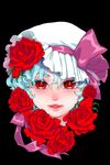  black_background blue_hair colored_eyelashes expressionless face flower hat hat_ribbon mago_(gengennikoniko) mob_cap purple_ribbon red_eyes red_flower red_lips red_rose remilia_scarlet ribbon rose shiny short_hair slit_pupils solo touhou white_hat 