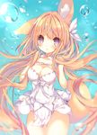 :o animal_ear_fluff animal_ears bare_shoulders blonde_hair blur blush bow breasts bubble cleavage collar cowboy_shot dress ear_down eyebrows eyebrows_visible_through_hair forearms_at_chest fox_ears fox_tail hair_ribbon holding holding_hair long_hair looking_at_viewer medium_breasts open_mouth original p19 purple_eyes ribbon solo tail underwater very_long_hair white_dress 