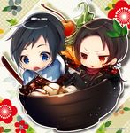  anmitsu_(dessert) black_hair blue_eyes boots bowl brown_hair cherry chibi commentary_request food fruit in_bowl in_container in_food japanese_clothes kashuu_kiyomitsu male_focus mole mole_under_eye mole_under_mouth multiple_boys niiko orange orange_slice ponytail red_eyes scarf touken_ranbu yamato-no-kami_yasusada 