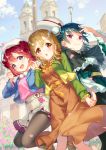  3girls :d :o aqua_eyes bangs beret black_dress black_legwear blue_hair blue_jacket brown_eyes brown_hair building bun_cover bush clenched_hand commentary_request cover cover_page day dress flower frilled_jacket frilled_skirt frills green_jacket hand_holding hands_up hat jacket kunikida_hanamaru kurosawa_ruby lamppost looking_at_viewer love_live! love_live!_sunshine!! love_live!_sunshine!!_the_school_idol_movie_over_the_rainbow multiple_girls o-ring_belt official_art open_mouth orange_dress outdoors pantyhose petals pink_flower pink_shirt pom_pom_(clothes) purple_eyes red_hair shirt skirt smile textless tomiwo tsushima_yoshiko v white_hat wide_sleeves 