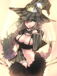  beatmania beatmania_iidx bemani braid breasts bustier cleavage faula_(beatmania) grey_hair hair_over_one_eye hat kazetto large_breasts long_hair long_sleeves navel pointy_ears smile solo tongue tongue_out very_long_hair wide_sleeves witch_hat 