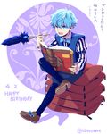  artist_name birthday black_legwear blue_eyes blue_hair book bow bowtie crossed_legs fate/extra fate/extra_ccc fate_(series) hans_christian_andersen_(fate) holding holding_book holding_pen long_sleeves looking_at_viewer male_focus open_mouth pen quill shorts sitting sitting_on_pillow solo somemiya_suzume translation_request vest 