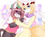  animalization blonde_hair blue_eyes brown_hair cat censored chen fox furry heart heart_censor konbukonnukko long_hair multiple_girls nipple_censor nude open_mouth purple_eyes short_hair touhou violet_eyes yakumo_ran 