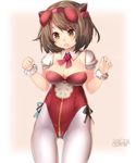  blush breasts brown_eyes brown_hair cleavage dated draph granblue_fantasy hairband highres horns kokka_han leotard medium_breasts open_mouth pantyhose playboy_bunny_leotard red_leotard short_hair solo white_legwear yaia_(granblue_fantasy) 