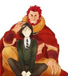  badmilk beard black_hair cape closed_eyes facial_hair fate/zero fate_(series) grin male_focus multiple_boys petting red_hair rider_(fate/zero) smile waver_velvet white_background 