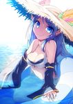  absurdres bad_id bad_pixiv_id bikini blue_eyes blue_hair breasts chain_chronicle cleavage detached_sleeves earrings flower hat hat_feather hat_flower helicity highres innertube jewelry long_hair looking_at_viewer medium_breasts ocean pointy_ears satou_kochi sleeves_past_wrists smile solo straw_hat swimsuit wet wide_sleeves 