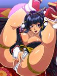  anus ass bare_shoulders black_wings blue_hair blunt_bangs breasts censored cleavage dead_or_alive dead_or_alive_5 feathered_wings fingering hair_ornament hair_stick hairpin highres japanese_clothes large_breasts legs legs_up licking_lips long_hair looking_at_viewer lying makeup masturbation mole mole_under_mouth mosaic_censoring naughty_face nyotengu on_back panties panties_aside purple_eyes pussy raburebo socks solo thighs tokin_hat tongue_out underwear wings 