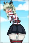 anchovy arms_behind_back ball_gag bdsm blush bondage bondage_mittens bound bound_arms bound_thighs brown_eyes cyber_(cyber_knight) drill_hair gag gagged girls_und_panzer green_hair long_hair necktie pantyhose solo twin_drills twintails 