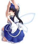  1girl black_hair brown_eyes cum facial fellatio long_hair one_eye_closed oral star_sapphire takaoka_nanase touhou white_background wings 