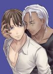  brown_hair closed_eyes commentary_request dark_skin dark_skinned_male grey_eyes hand_on_another's_face highres male_focus multiple_boys neit_ni_sei open_collar original shirt smile t-shirt white_hair yaoi 