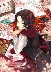  alternate_hair_length alternate_hairstyle brown_hair cherry_blossoms earrings fan folding_fan hair_down jewelry kashuu_kiyomitsu long_hair looking_back lying male_focus mole mole_under_mouth mouth_hold niiko on_stomach petals red_eyes scarf solo touken_ranbu 