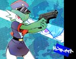  beretta_92 cosplay finger_on_trigger gardevoir gen_3_pokemon green_hair gun handgun hat junsaa_(pokemon) junsaa_(pokemon)_(cosplay) minashirazu no_humans outline pokemon pokemon_(creature) police police_hat police_uniform red_eyes skirt solo translation_request uniform weapon zoom_layer 