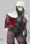  absurdres ass_visible_through_thighs belt boots breasts capelet contrapposto corset covered_nipples green_eyes green_hair highres jikeshi jitome long_hair medium_breasts original parted_lips see-through simple_background solo standing thigh_boots thighhighs wrist_cuffs 