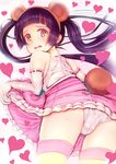  amayadori_machi animal_ears bear_ears black_hair blush brown_eyes elbow_gloves gloves kumamiko long_hair outfit_2_(kumamiko) panties pink_panties ribbon-trimmed_gloves ribbon_trim skirt skirt_lift solo striped striped_legwear teruru twintails underwear 