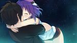  1girl ao_no_kanata_no_four_rhythm black_hair black_shorts closed_eyes game_cg hair_ornament hetero hinata_masaya hug ichinose_rika kiss night outdoors purple_hair short_hair short_shorts shorts sky star_(sky) starry_sky suzumori 