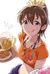  :q blue_eyes brown_hair dani-ikapi food idolmaster idolmaster_million_live! looking_at_viewer ponytail satake_minako smile solo tongue tongue_out 