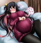  1girl black_hair black_legwear blush breasts brown_eyes commentary_request heart highres kantai_collection large_breasts long_hair lying motion_lines multicolored_hair naganami_(kantai_collection) off-shoulder_sweater on_back on_bed pantyhose pillow pink_hair pregnant purple_sweater ribbed_sweater solo speech_bubble sweater translation_request yutanpo-2 