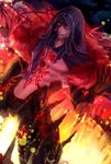  black_gloves blue_hair chest_tattoo cu_chulainn_alter_(fate/grand_order) fate/grand_order fate_(series) fur_trim gloves highres hood lancer long_hair looking_at_viewer male_focus red_eyes shirtless solo spikes tattoo toudai_(see-you!my_wonderland) 
