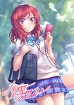  2016 bag cellphone character_name dated earphones happy_birthday looking_at_viewer love_live! love_live!_school_idol_project nishikino_maki otonokizaka_school_uniform phone purple_eyes red_hair school_uniform smartphone solo wedo 