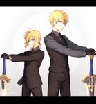  1girl ahoge arthur_pendragon_(fate) artoria_pendragon_(all) belt black_gloves black_neckwear black_pants black_vest blonde_hair excalibur excalibur_(fate/prototype) fate/prototype fate/zero fate_(series) formal gloves green_hair holding holding_weapon looking_at_viewer necktie pants ponytail saber simple_background somemiya_suzume suit vest weapon 