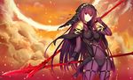  bodysuit breasts cloud covered_navel dual_wielding fate/grand_order fate_(series) gae_bolg headdress holding holding_weapon kauto large_breasts long_hair looking_at_viewer polearm purple_bodysuit purple_hair red_eyes scathach_(fate)_(all) scathach_(fate/grand_order) solo veil weapon 