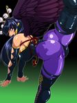  ass bare_shoulders black_wings blue_hair blunt_bangs breasts bridal_gauntlets dead_or_alive dead_or_alive_5 feathered_wings from_behind hair_ornament hair_stick hairpin highres large_breasts leg_up leotard long_hair looking_back makeup mole mole_under_mouth nyotengu open_mouth pink_eyes raburebo sideboob simple_background skin_tight solo standing thigh_boots wings 