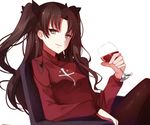  alcohol armchair bangs black_legwear black_ribbon brown_hair chair cross_print crossed_legs cup drink drinking_glass fate/stay_night fate_(series) green_eyes hair_ribbon holding holding_cup lips liquid long_hair looking_at_viewer pantyhose parted_bangs parted_lips red_sweater ribbon shiguru sitting slit_pupils smirk solo sweater toosaka_rin two_side_up wine wine_glass 