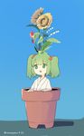  blue_background dated flower flower_on_head flower_pot grass green_eyes green_hair hair_bobbles hair_ornament highres in_container japanese_clothes kisume lily_of_the_valley open_mouth razuzyamu shadow simple_background solo sunflower touhou triangle_mouth tulip twintails twitter_username 