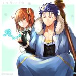  1girl :o ahoge blouse blue_hair brown_hair clover cu_chulainn_(fate/grand_order) fang_out fate/grand_order fate_(series) fujimaru_ritsuka_(female) fur_trim green_background hand_up lancer long_hair open_mouth ribbon robe short_hair side_ponytail sitting somemiya_suzume staff white_blouse yellow_eyes 