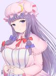 blush breasts capelet crescent dress fingers_together hair_ribbon hat huge_breasts lavender_background long_hair long_sleeves looking_at_viewer md5_mismatch mob_cap patchouli_knowledge purple_eyes purple_hair ribbon simple_background smile solo striped striped_dress touhou tress_ribbon upper_body ushinomiya wide_sleeves 