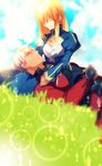  1girl archer artoria_pendragon_(all) black_shirt blonde_hair blue_sky closed_eyes cloud creat dark_skin day dress fate/stay_night fate_(series) grass hand_on_another's_head jacket lying_on_lap red_jacket saber shirt sky sleeping sleeping_on_person smile white_hair 